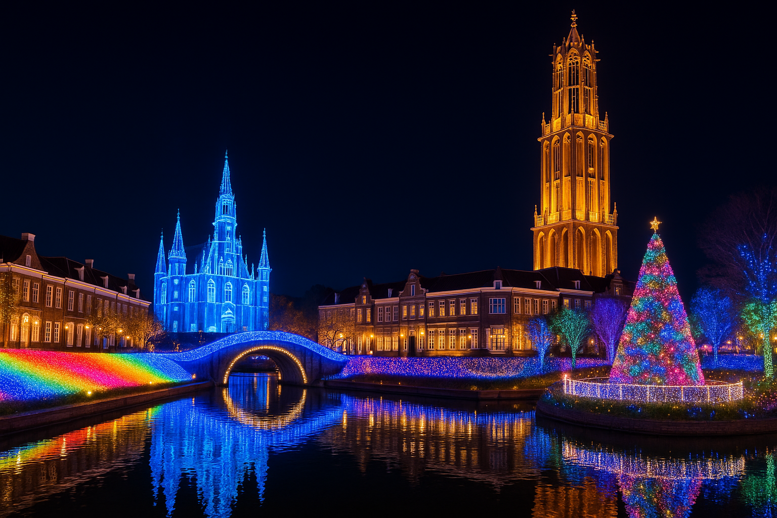 ハウステンボスの夜景イルミネーションが広がる風景