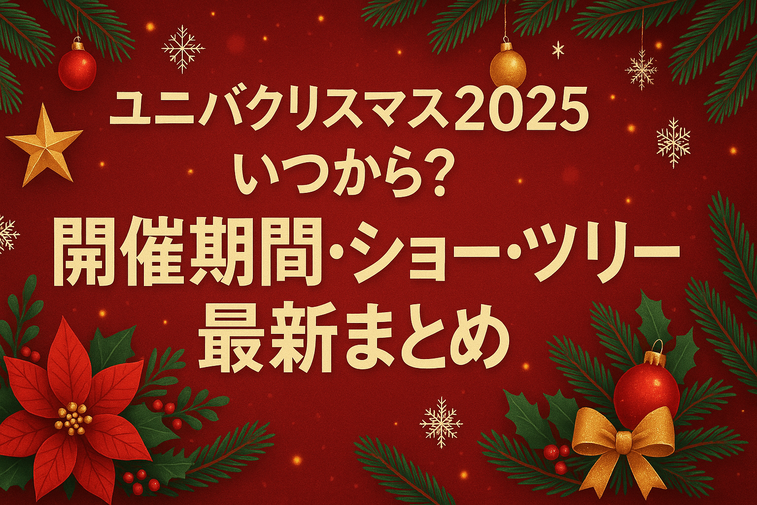 「赤と緑のクリスマス装飾を背景に、ユニバクリスマス2025の記事タイトルをデザインしたアイキャッチ画