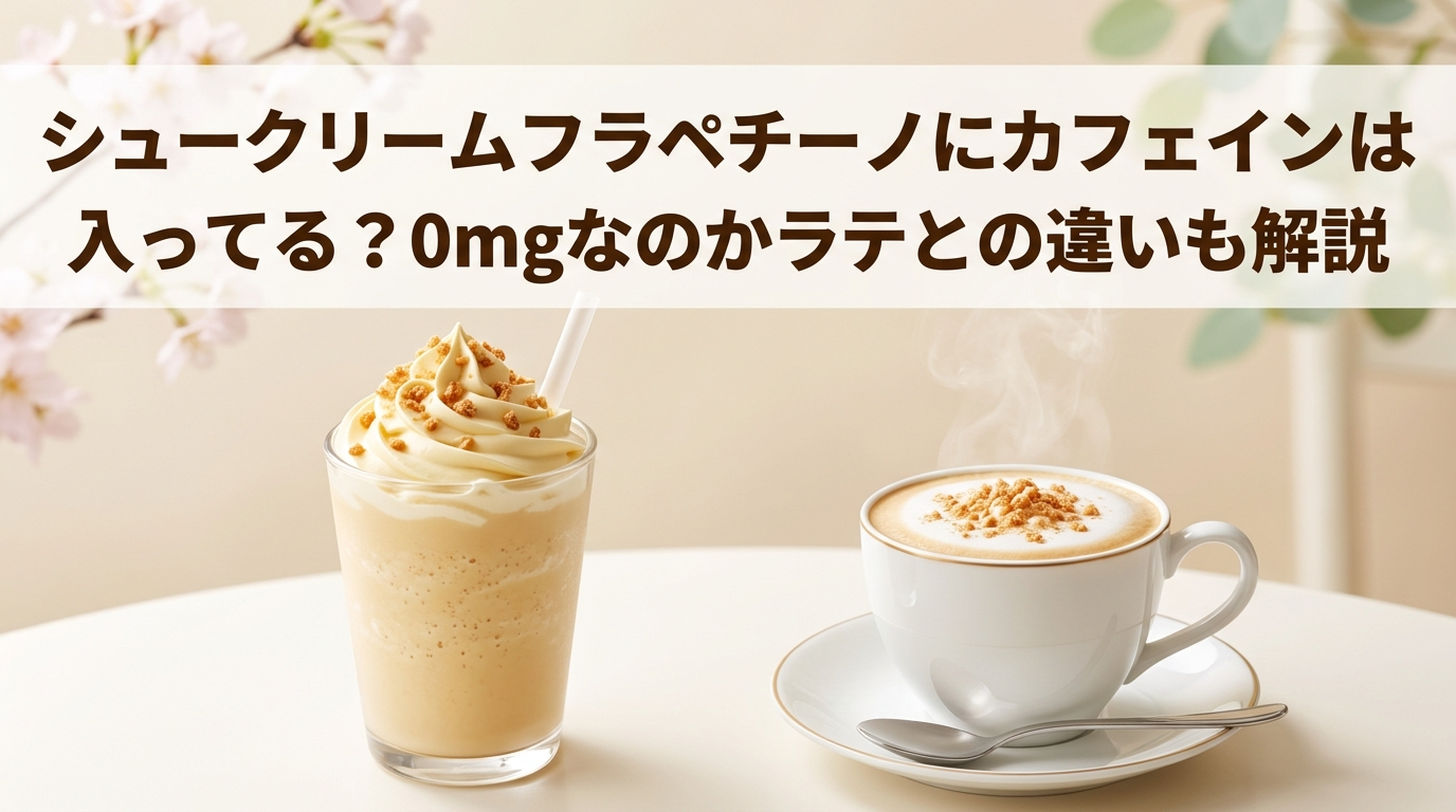 シュークリームフラペチーノとラテのカフェイン違いを解説するアイキャッチ画像