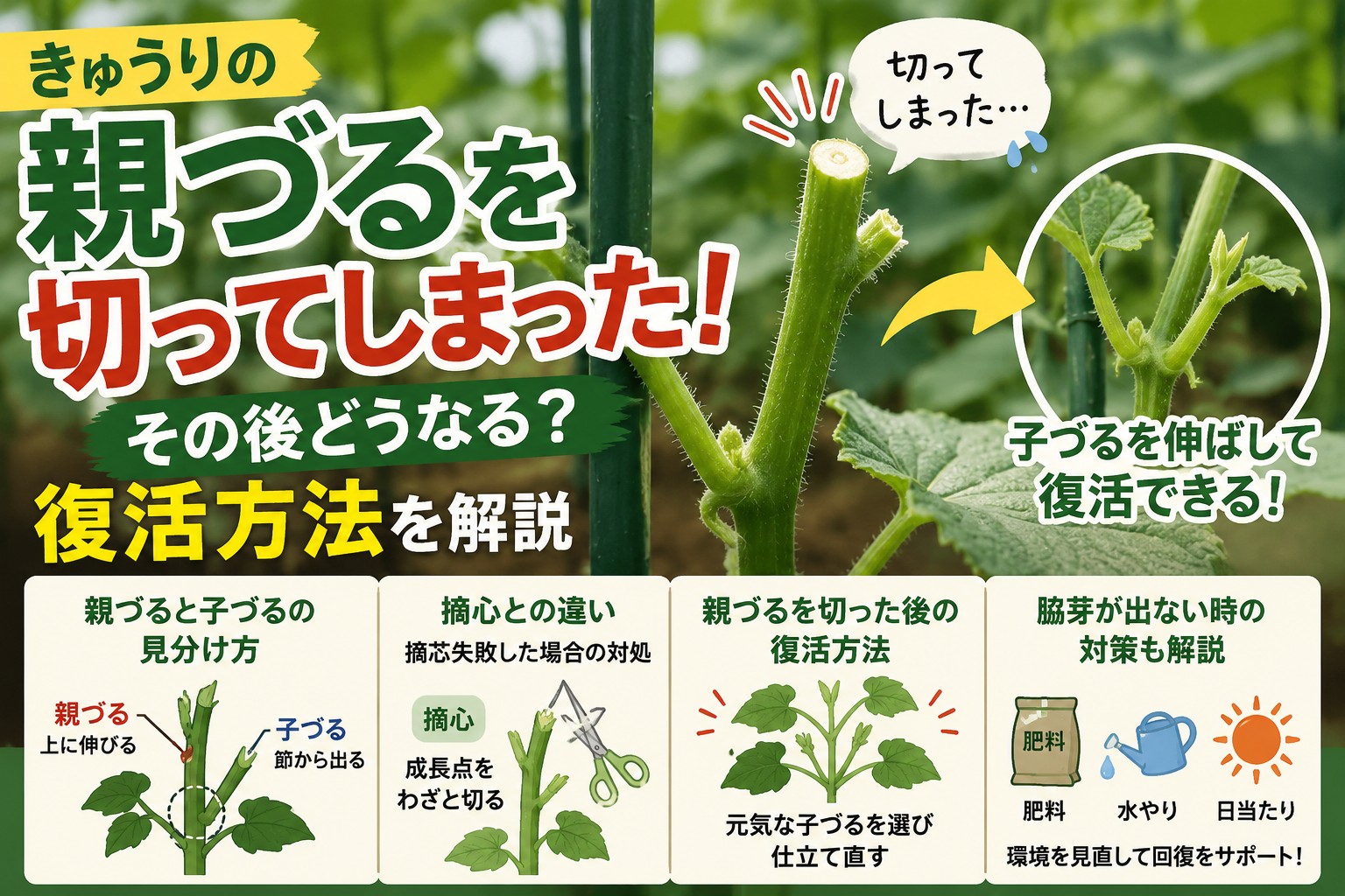 きゅうりの親づるを切ってしまった後の復活方法を解説するイメージ画像。子づるを伸ばして復活させる方法や摘心との違いを紹介。