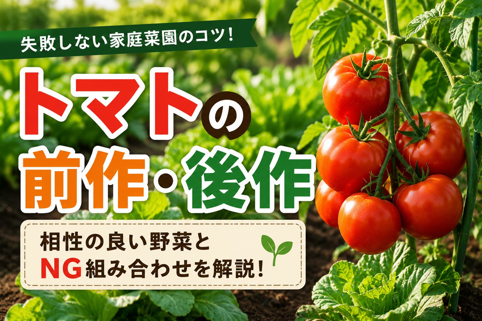 トマトの前作・後作の相性一覧を解説した家庭菜園向けアイキャッチ画像。トマトと相性の良い野菜・NG組み合わせを紹介している。