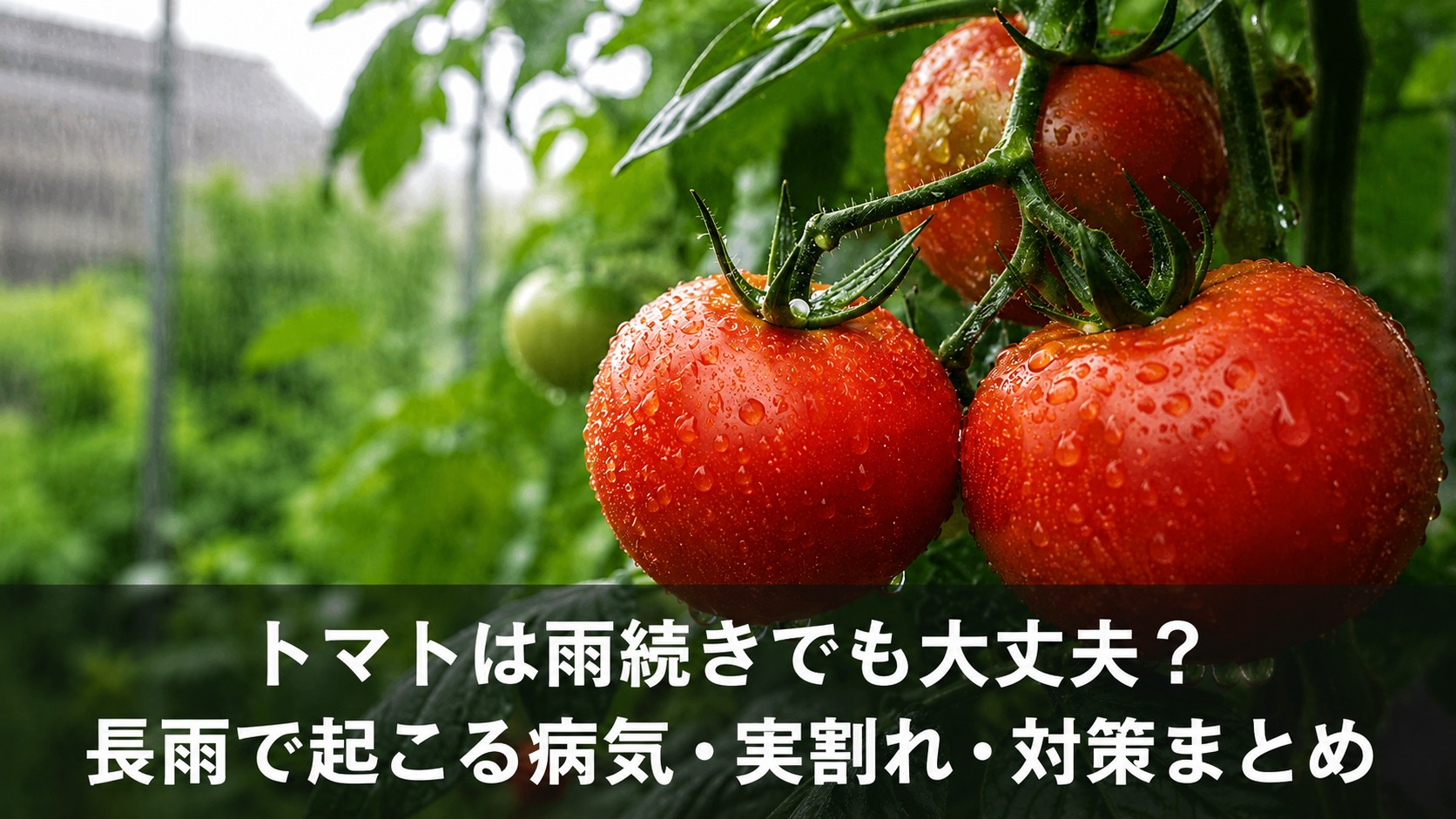 雨に濡れたトマトの写真。長雨で起こる病気・実割れ・対策まとめ。