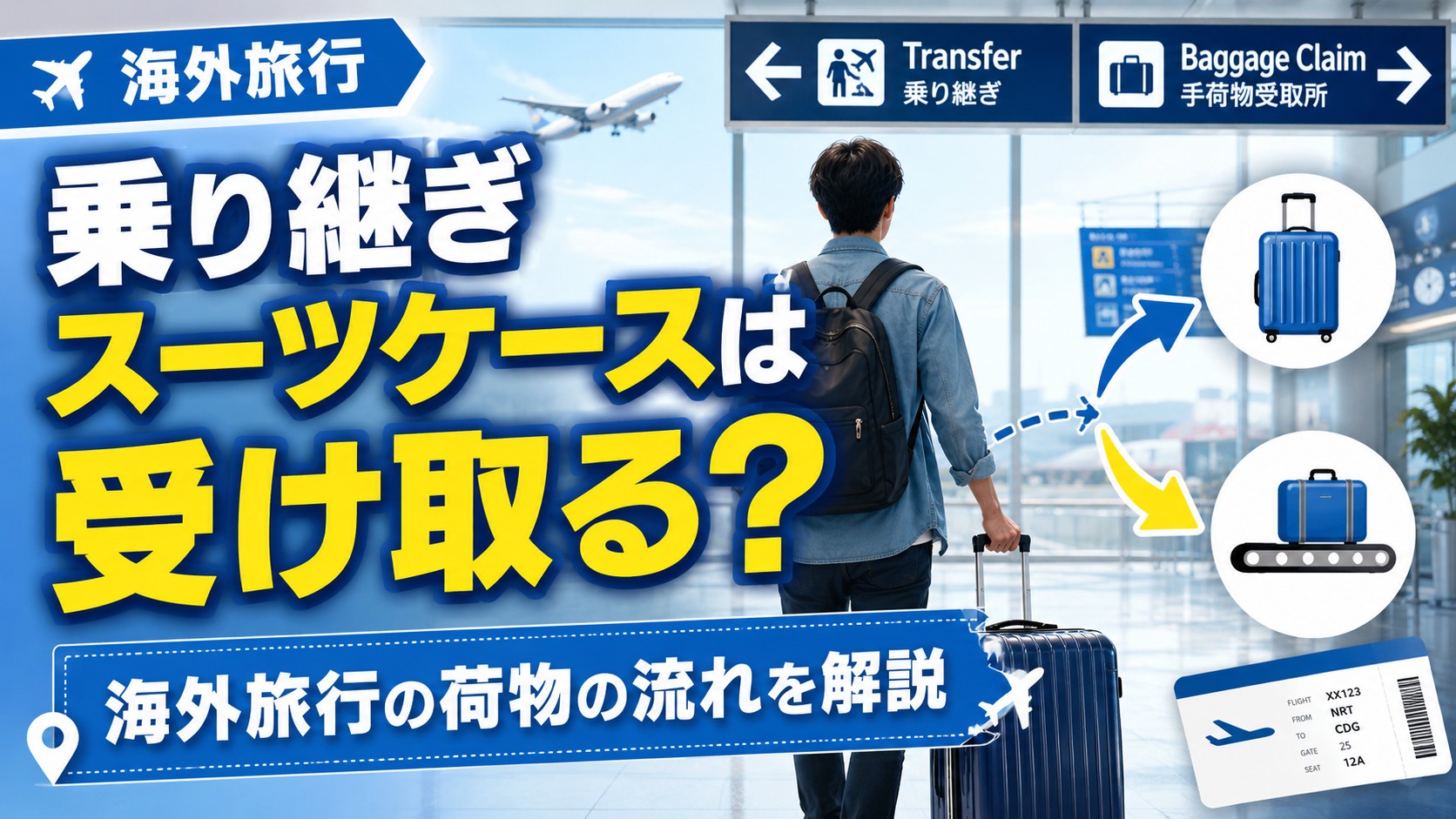 海外旅行の乗り継ぎでスーツケースを受け取るか迷う旅行者と空港案内表示